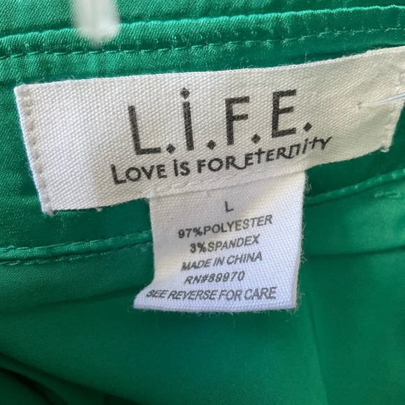 L.O.V.E. Green Button Down Blouse Large Satin Love Is For Eternity Feather Trim - Picture 4 of 6